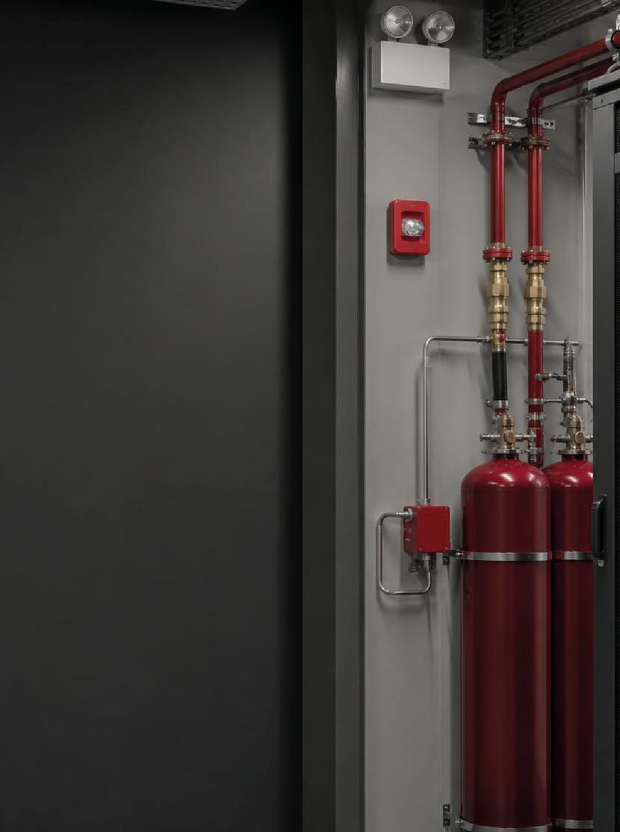Sala técnica com cilindros vermelhos de sistema de supressão, tubulação e acionador de alarme.