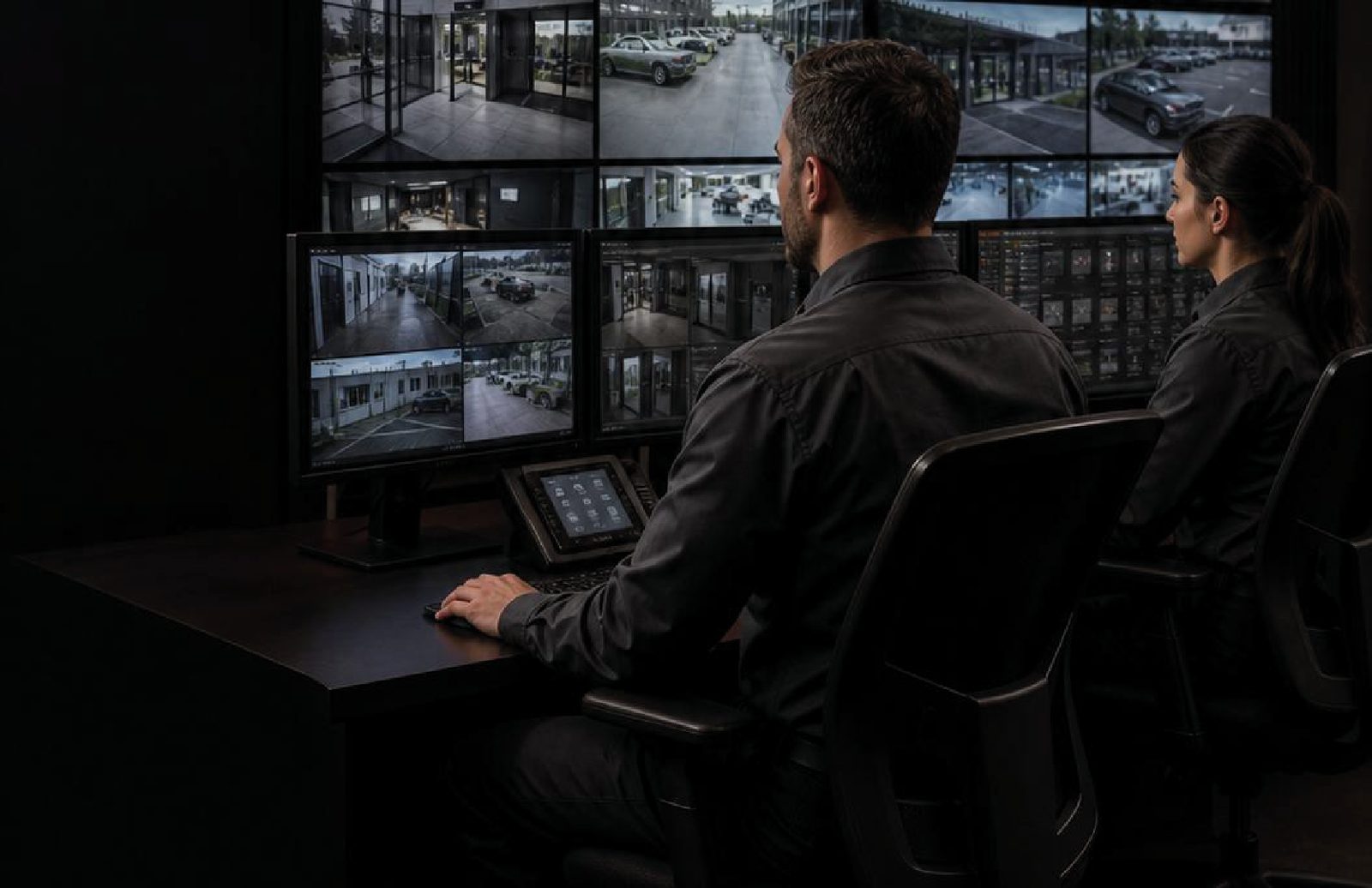 Operadores acompanham imagens de câmeras em uma central de monitoramento com vários monitores.